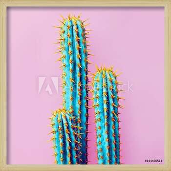 Poster incorniciato Set Neon Cactus. Minimal creative stillife